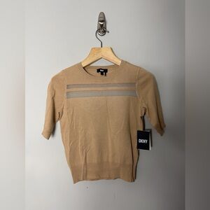 NEW DKNY Tan Neutral Mesh Stripe Short Sleeve Sweater Knit Top Size XS 722